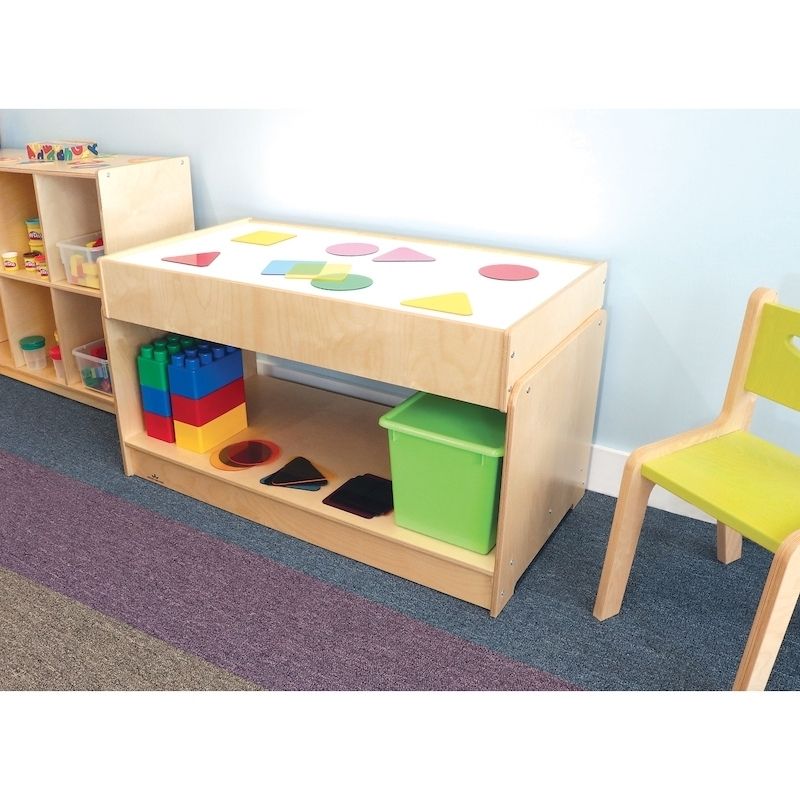 Whitney Brothers Superbright LED Sensory Light Table Large landscape view showing the full 43"x23" birch plywood table with lower storage shelf