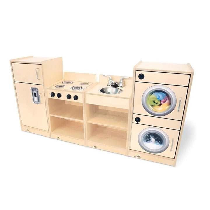 Whitney Brothers Let's Play Toddler Kitchen Ensemble Natural clean product view showing the full four-piece toddler play kitchen set in natural birch plywood finish
