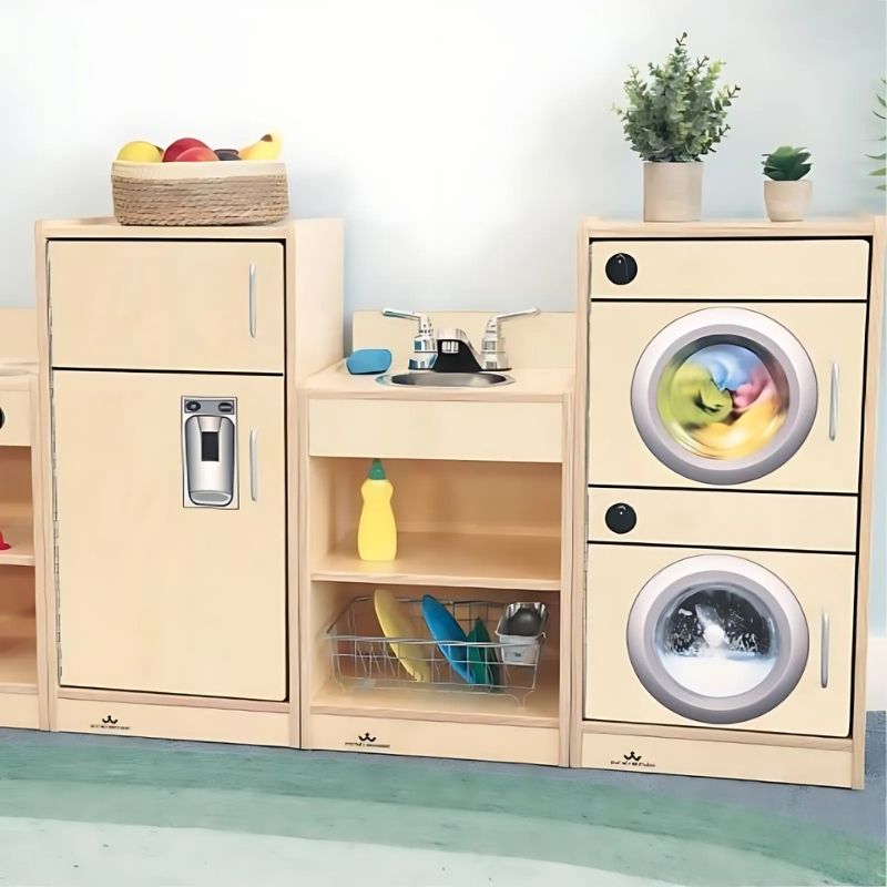 Whitney Brothers Let's Play Toddler Kitchen Ensemble Natural front close-up view showing the warm natural birch plywood finish of the four-piece toddler-proportioned play kitchen