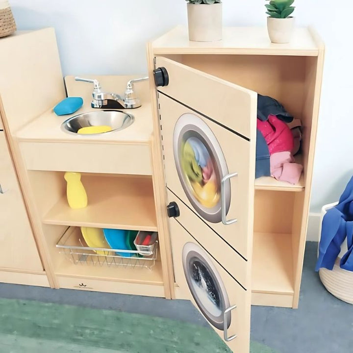Whitney Brothers Let's Play Toddler Kitchen Ensemble Natural with open cabinet showing the doorless open-shelf design for easy toddler access to the stove and sink units