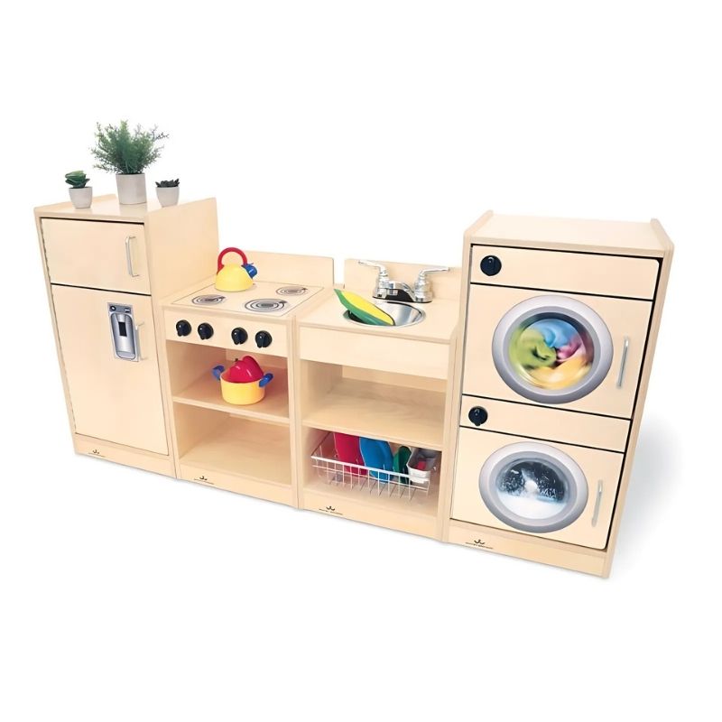 Whitney Brothers Let's Play Toddler Kitchen Ensemble Natural in use with play food and kitchen accessories, showing the toddler-proportioned 59" wide kitchen in a classroom setting