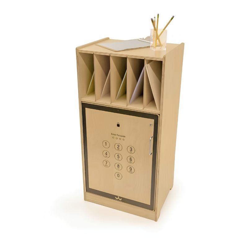 Whitney Brothers WB1217 classroom cell phone locker angled view showing birch plywood cabinet with keyed locking door, open folder compartment, and flat top surface