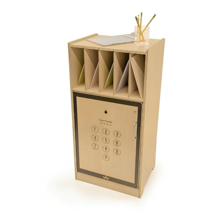 Whitney Brothers WB1217 classroom cell phone locker angled view showing birch plywood cabinet with keyed locking door, open folder compartment, and flat top surface