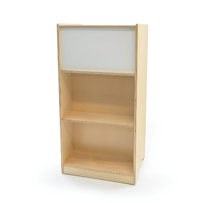 Whitney Brothers Cell Phone Locker back panel showing two open storage shelves and built-in dry-erase board above the middle compartment