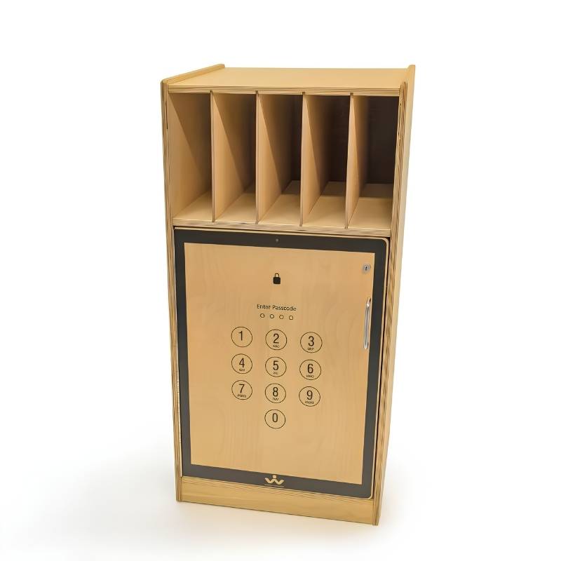 Whitney Brothers WB1217 Cell Phone Locker front three-quarter view on white background, showing locking door, open folder dividers above, and birch plywood construction