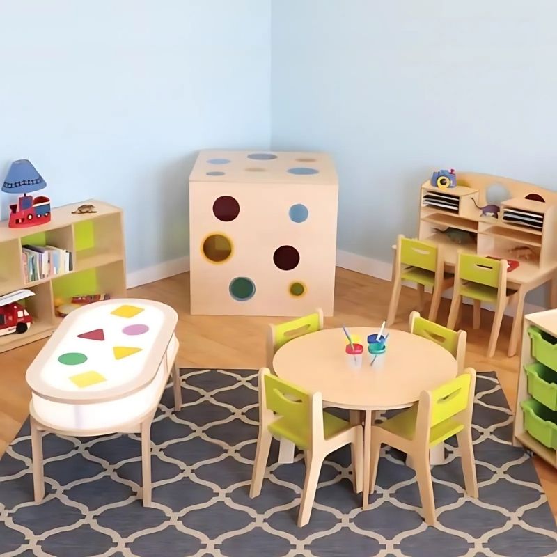 Whitney Brothers Whitney Plus Porthole Play House Cube in a classroom setting, showing the full 40"x40"x38.75" cube with colourful portals and how it integrates into an Early Learning environment