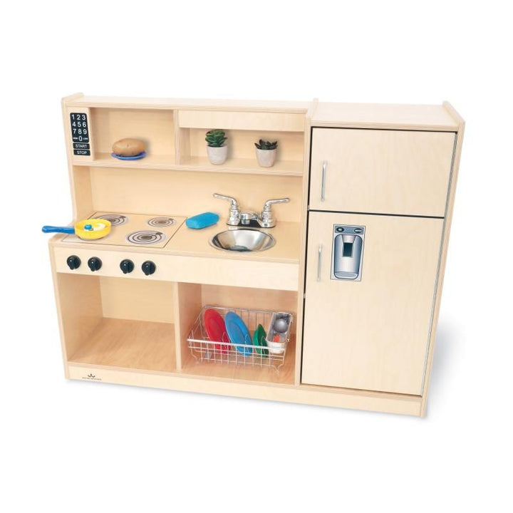 Whitney Brothers Let's Play Toddler Kitchen Combo, a natural wooden toddler play kitchen with clicking stove knobs, sink, hutch shelves and a dish rack