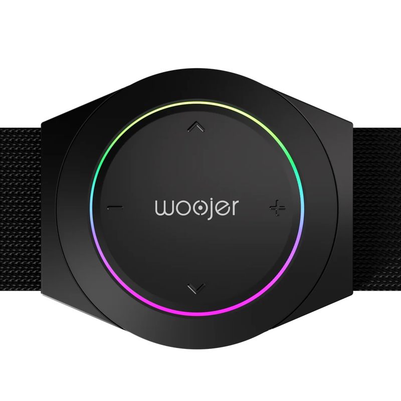 Front close-up of the Woojer Strap 4 haptic audio device showing its volume and intensity controls inside a multicolor light ring