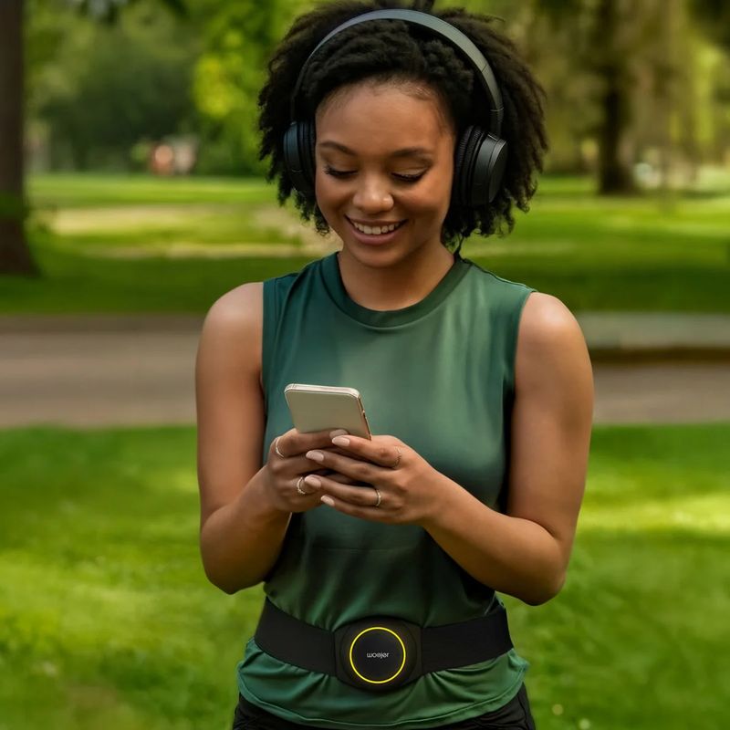 Woman in a park wearing the Woojer Strap 4 at the waist with headphones, choosing music on her phone with this portable haptic strap