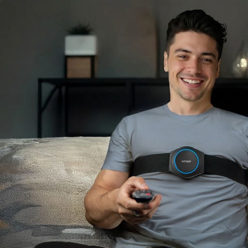 Man relaxing on a couch with the Woojer Strap 4 across his chest, feeling movie soundtracks through this vibroacoustic wearable at home